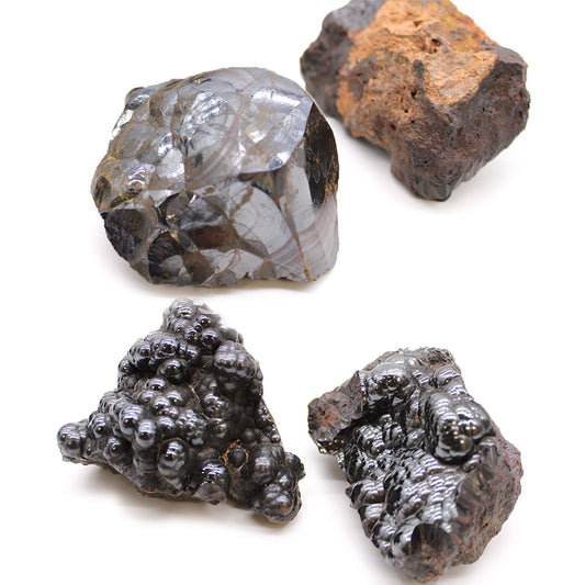 Natural Hematite Mineral Specimens – Approx 20 Pieces, metallic black hematite rocks with red-brown matrix on white background