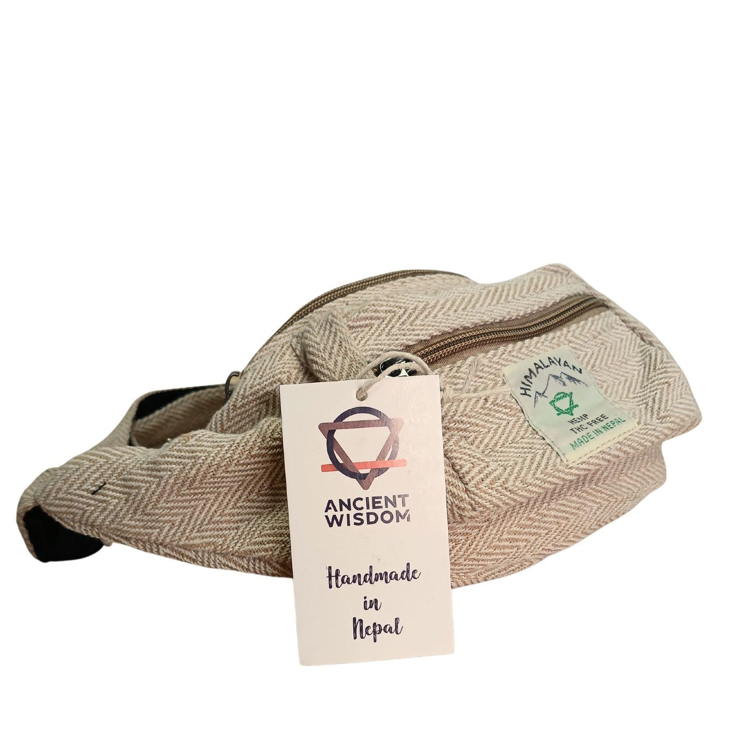 Natural Hemp-Cotton Belt Bag – 36x12.5x7 CM, riñonera de cáñamo y algodón en color natural con cremallera y etiqueta artesanal