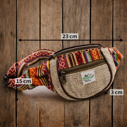 Naturlig midjeväska i hampa & bomull – Random Design midjeväska i hampa och bomull med färgglatt mönster, främre fickor med dragkedja och storlek 23x15x3 cm