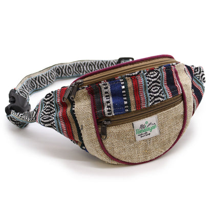 Naturlig bum bag i hampa & bomull – Slumpmässig design, handgjord midjeväska i hampa och bomull med flerfärgat vävt mönster, fickor med dragkedja, 23x15x3 cm