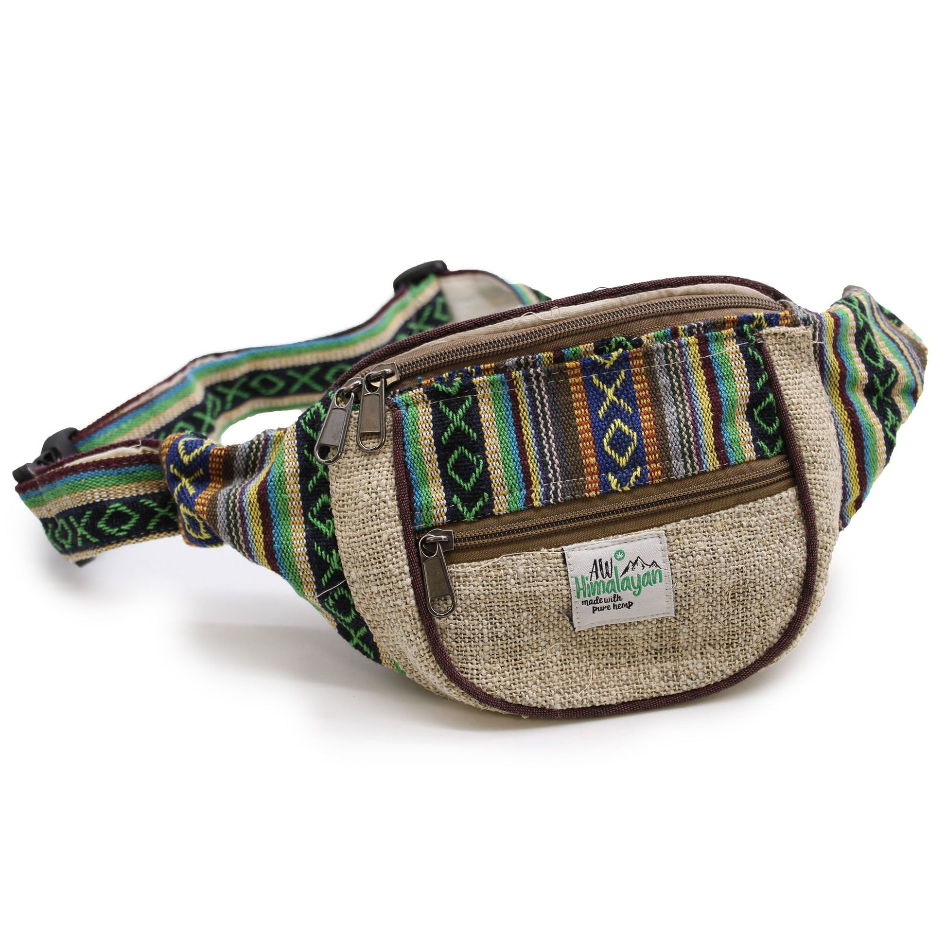 Bum Bag i naturlig hampa & bomull – Random Design, handgjord hampa-bomullsväska med färgglatt vävt mönster, fickor med dragkedja, 23x15x3 cm