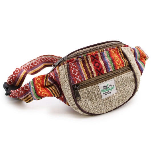 Natural Hemp & Cotton Bum Bag – Random Design with colorful woven pattern, adjustable strap and zip pockets, 23x15x3 cm