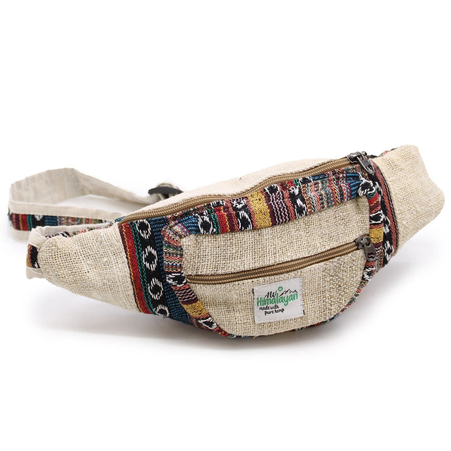 Alt Tag: Natural Hemp & Cotton Bum Bag with multicolor woven trim, front zip pocket, adjustable strap, 25x15x3 cm