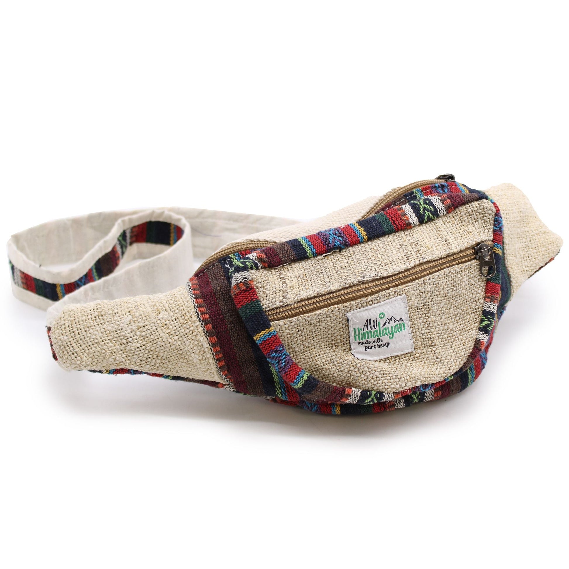 Alt Tag: Natural Hemp & Cotton Bum Bag in beige hemp-cotton blend with colorful trim, front zip pocket and adjustable waist strap