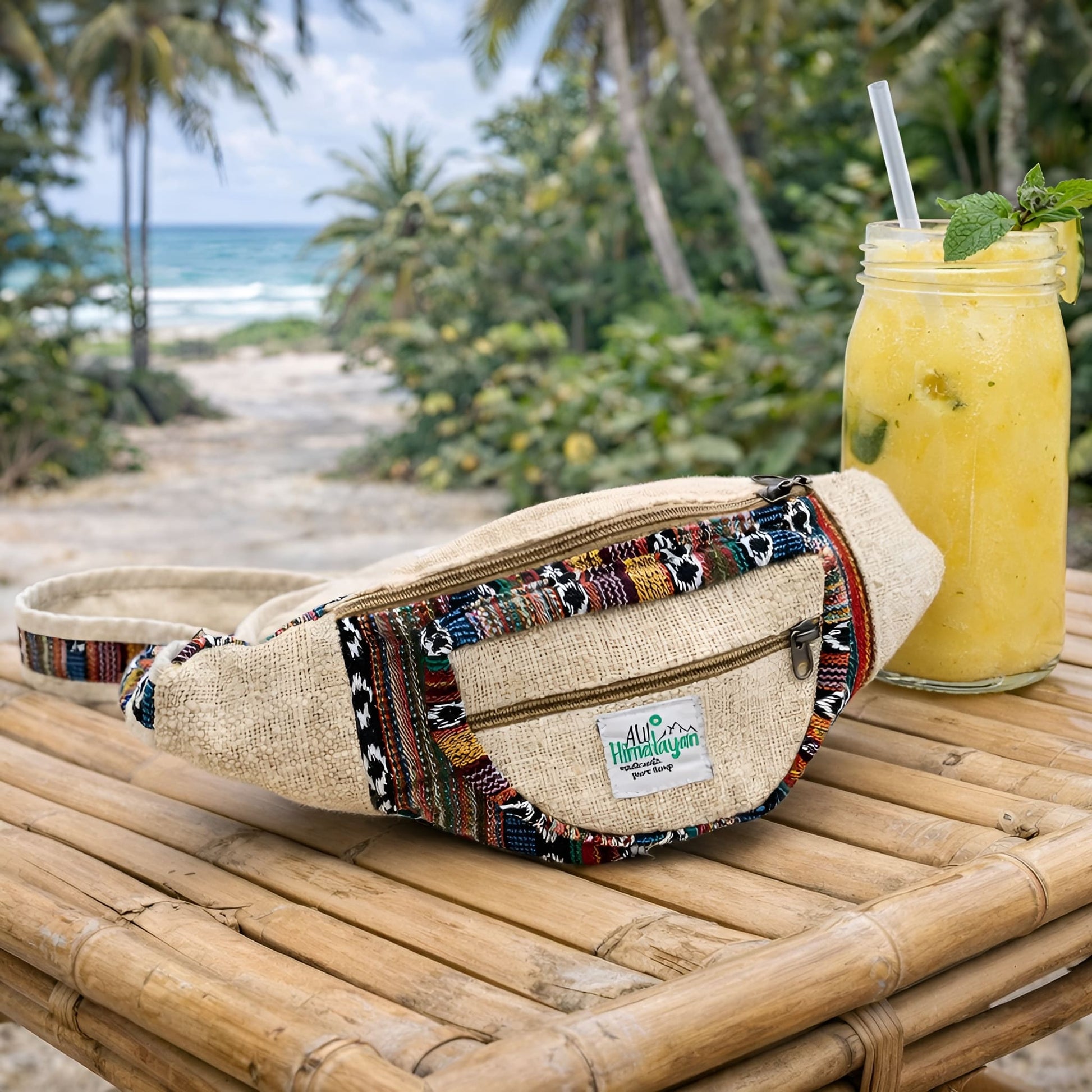 Natural Hemp & Cotton Bum Bag on bamboo table by the beach, zip waist bag with patterned trim beside a drink