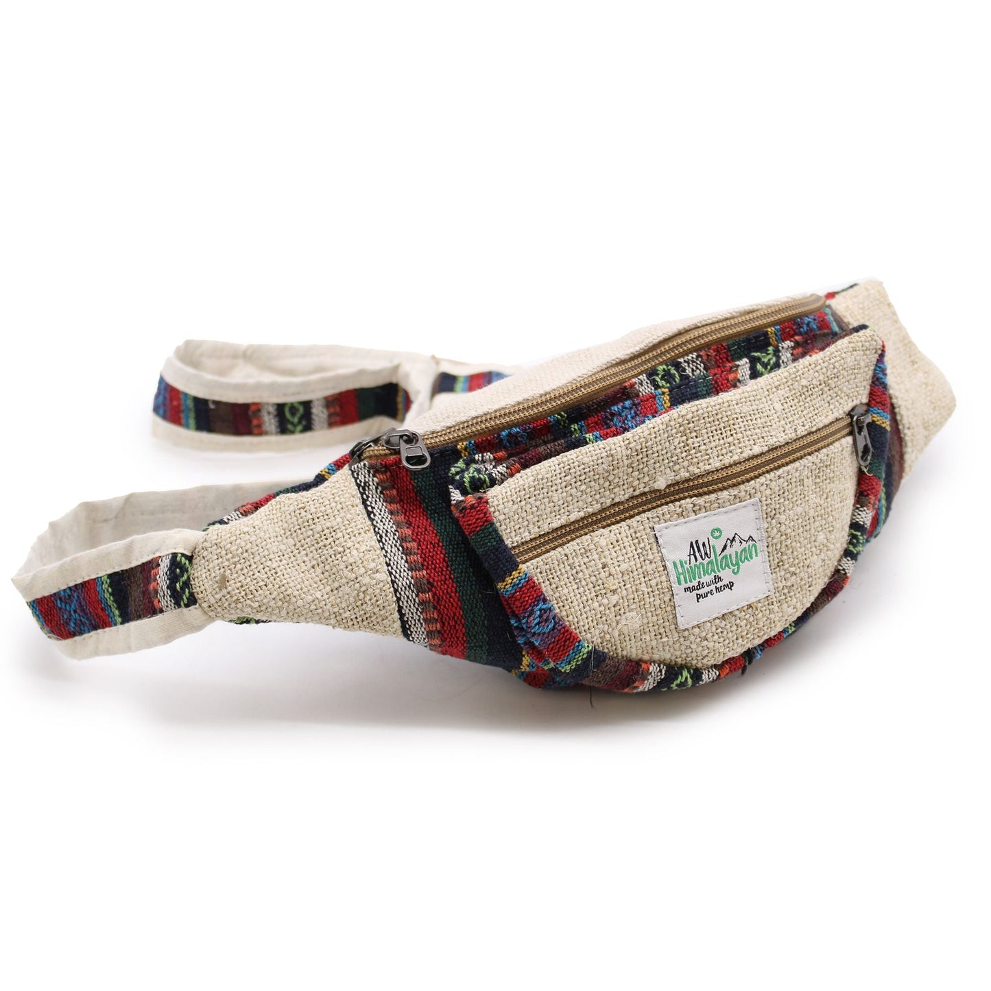 Alt Tag: Natural Hemp & Cotton Bum Bag beige hemp-cotton waist bag with colorful woven trim, adjustable strap, front zip pocket