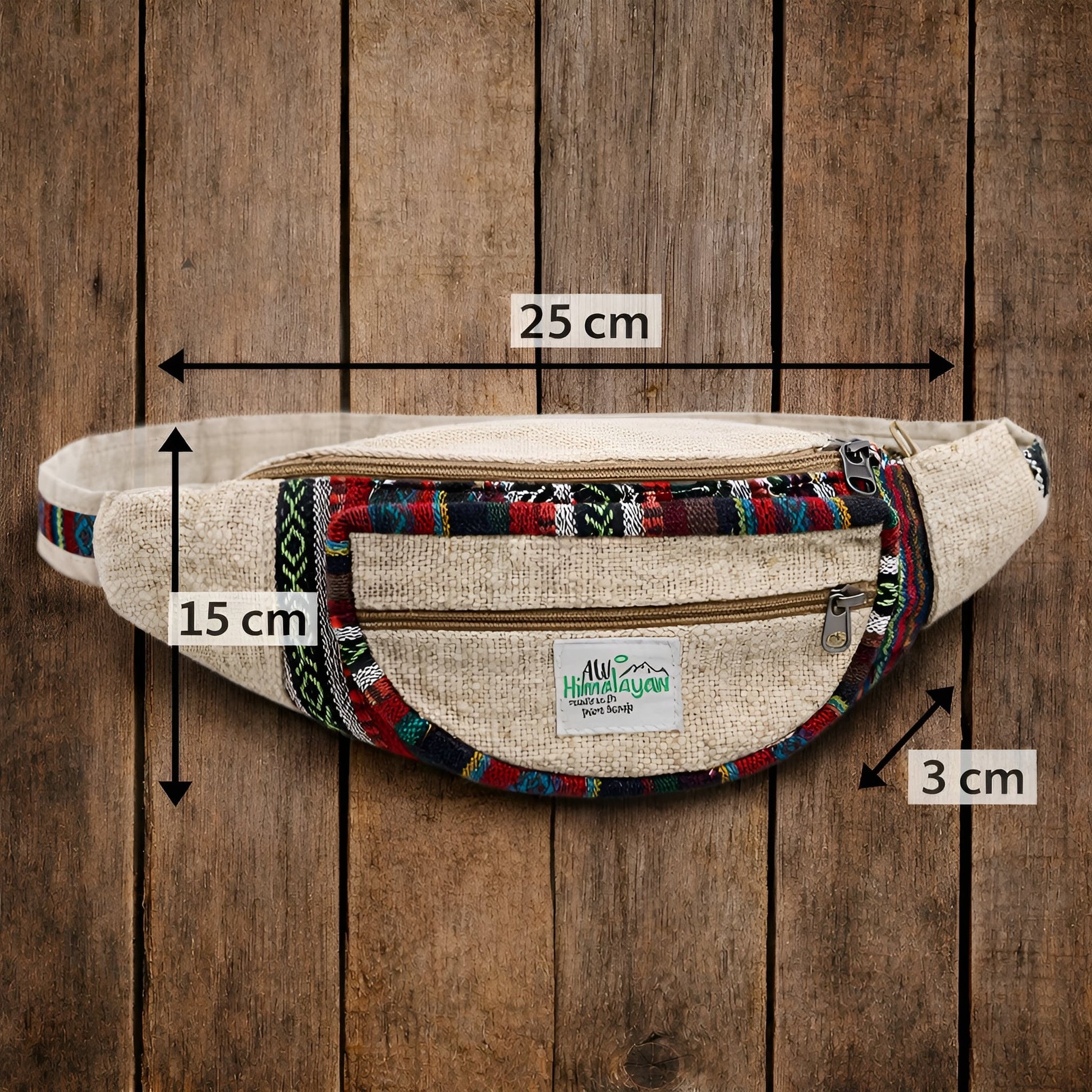 Alt Tag: Natural Hemp & Cotton Bum Bag size 25x15x3 cm, beige hemp-cotton waist bag with zip pocket and colorful woven trim