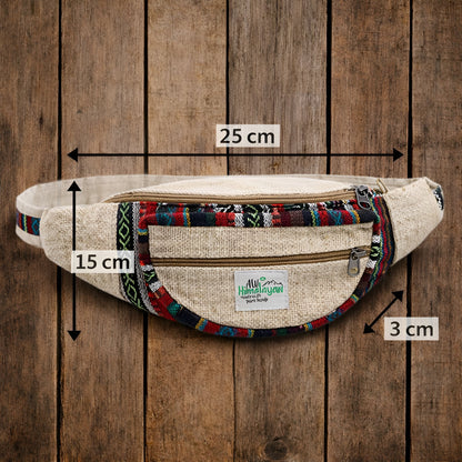 Alt Tag: Natural Hemp & Cotton Bum Bag size 25x15x3 cm, beige hemp-cotton waist bag with zip pocket and colorful woven trim