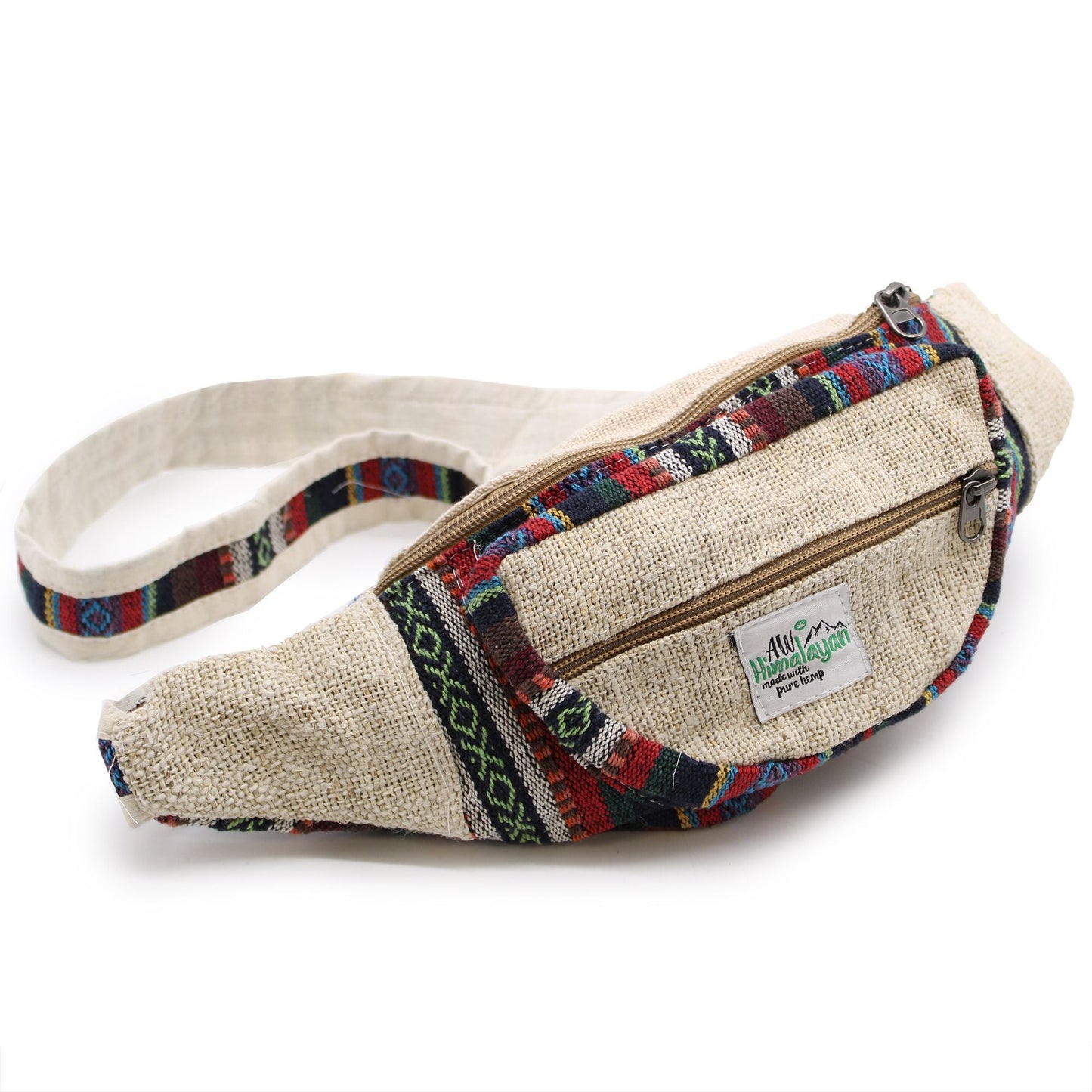 Alt Tag: Natural Hemp & Cotton Bum Bag beige hemp-cotton waist bag with colorful woven trim, zip pockets and adjustable strap
