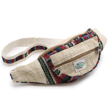 Alt Tag: Natural Hemp & Cotton Bum Bag beige hemp-cotton waist bag with colorful woven trim, zip pockets and adjustable strap