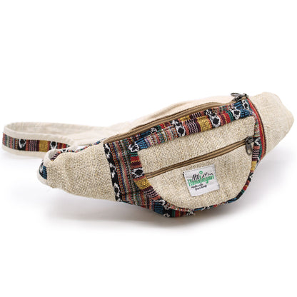 Alt Tag: Natural Hemp & Cotton Bum Bag in beige hemp-cotton blend with patterned trim, zip pockets, adjustable waist strap, 25x15x3 cm