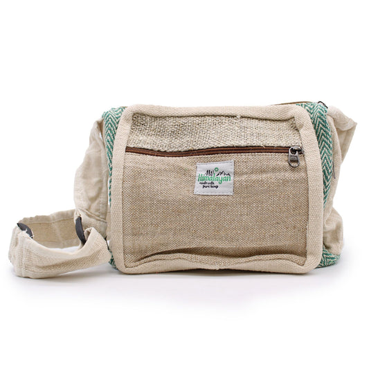 Alt Tag: Natural Hemp & Cotton Messenger Bag in natural hemp-cotton blend with adjustable strap, front zipper pocket, and flap closure