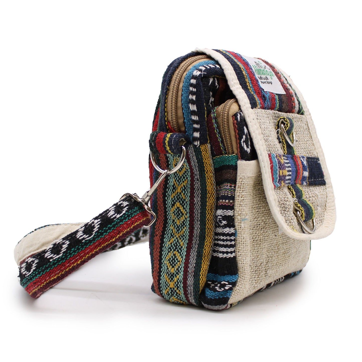 Naturlig crossbody-reseväska i hampa – 15x18x5 CM med justerbar rem och flerfärgade tyger, sidovy, tillverkad av hampa och bomull