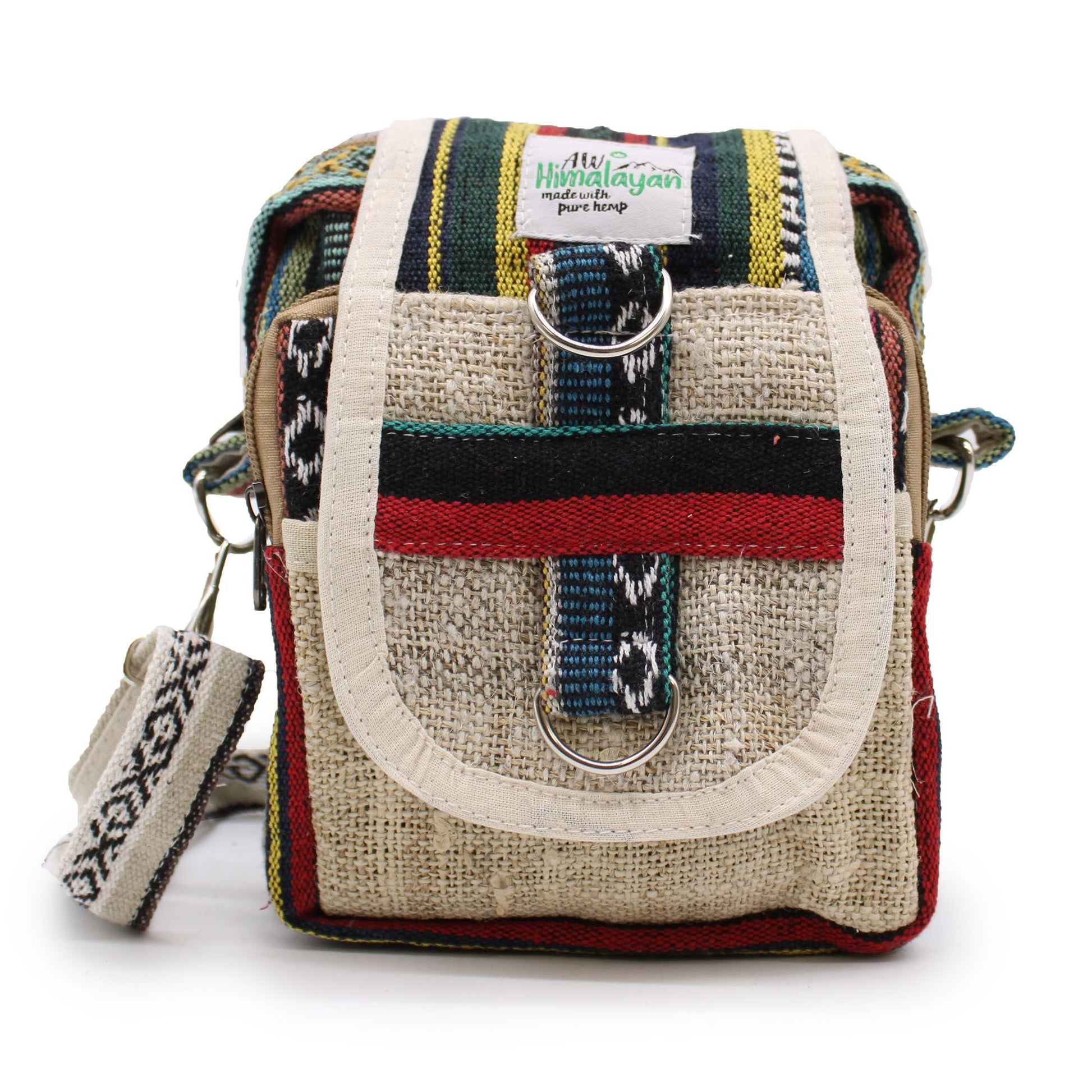 Naturlig hemp crossbody-reseväska – 15x18x5 CM crossbody-reseväska i hemp och bomull med justerbar rem, randig framficka och metallringar