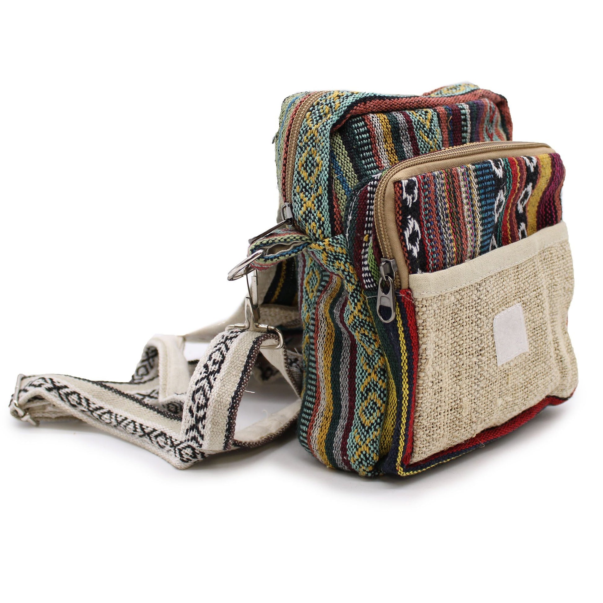Alt Tag: Naturlig crossbody-reseväska i hampa – 15x18x5 CM, flerfärgad vävd crossbody-reseväska med fickor med dragkedja och justerbar rem