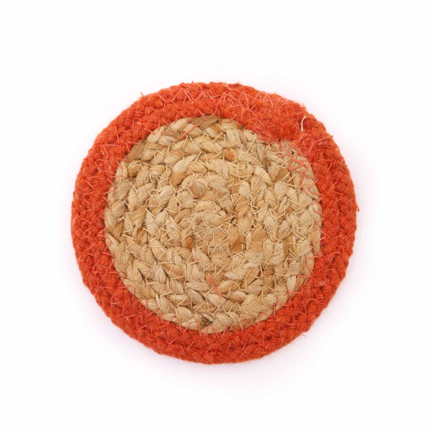 Posavasos de yute natural y algodón – set de 6 de 10 cm, posavasos redondo artesanal de yute natural con borde de algodón rojo