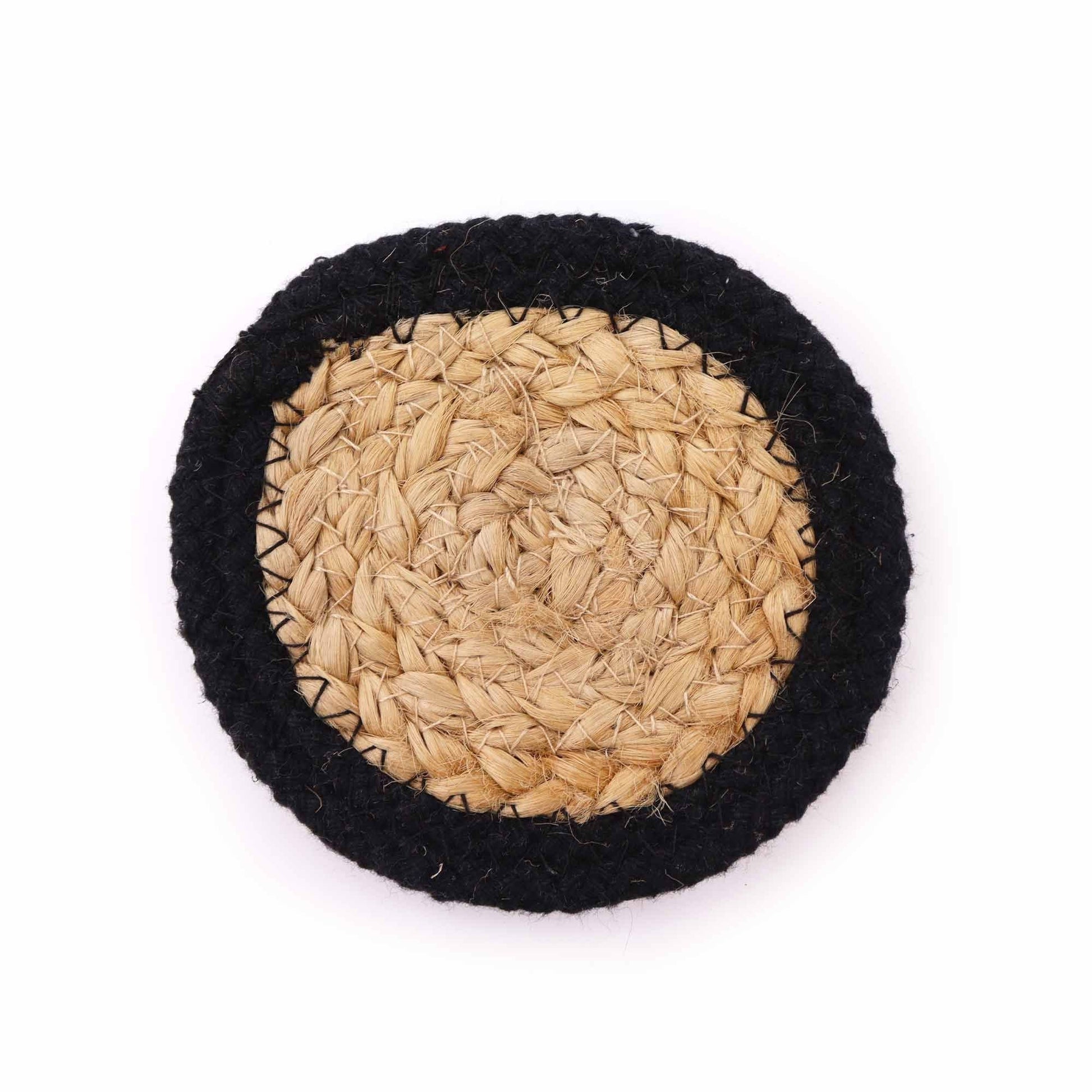 Posavasos de yute natural y algodón – 10CM, set de 6, posavasos redondo artesanal de yute natural con borde de algodón negro