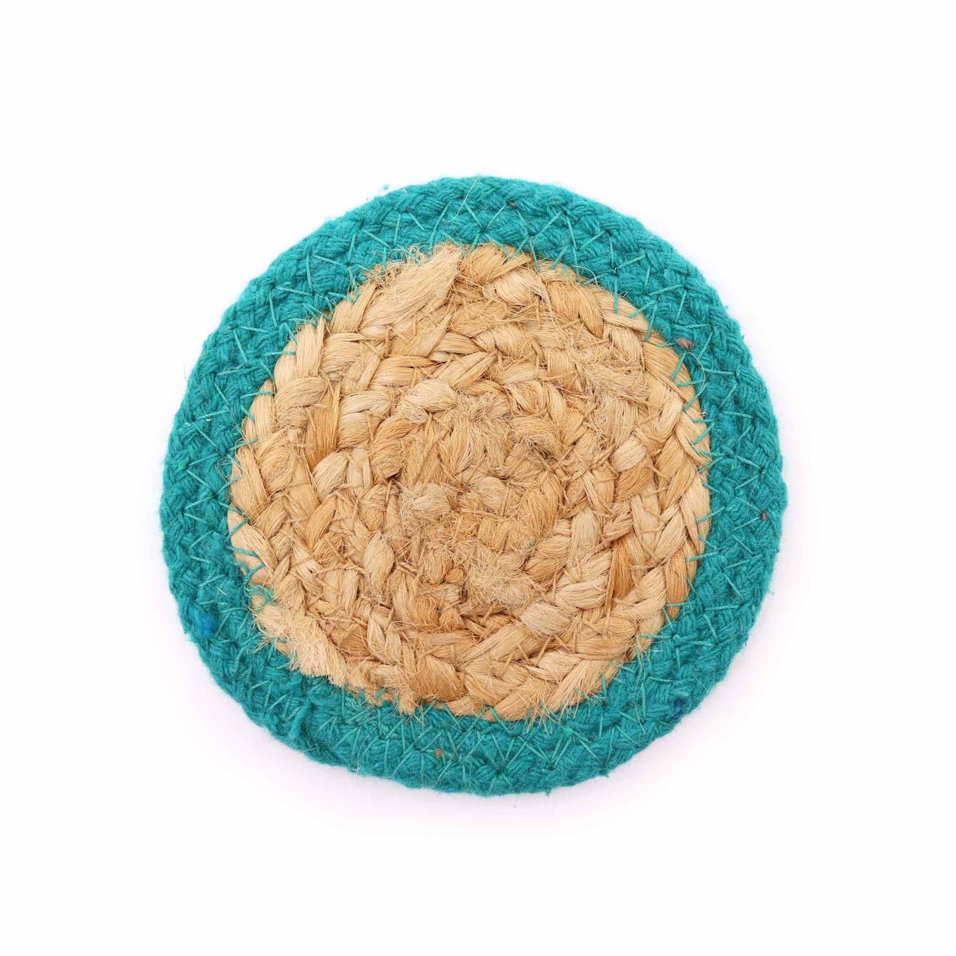 Posavasos de yute natural y algodón – Set de 6 de 10CM, posavasos redondo artesanal de yute y algodón con borde turquesa