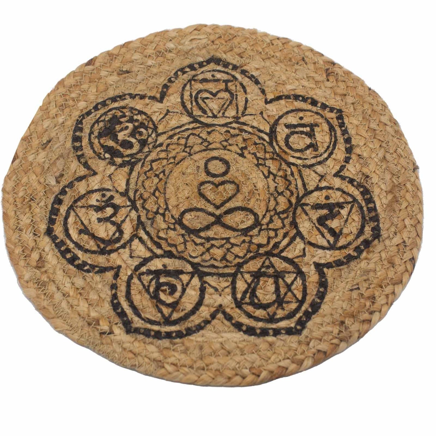 Alt Tag: Natural Jute Placemat – 30CM Chakra Print redondo de yute natural con diseño de chakras en negro, mantel individual boho para mesa