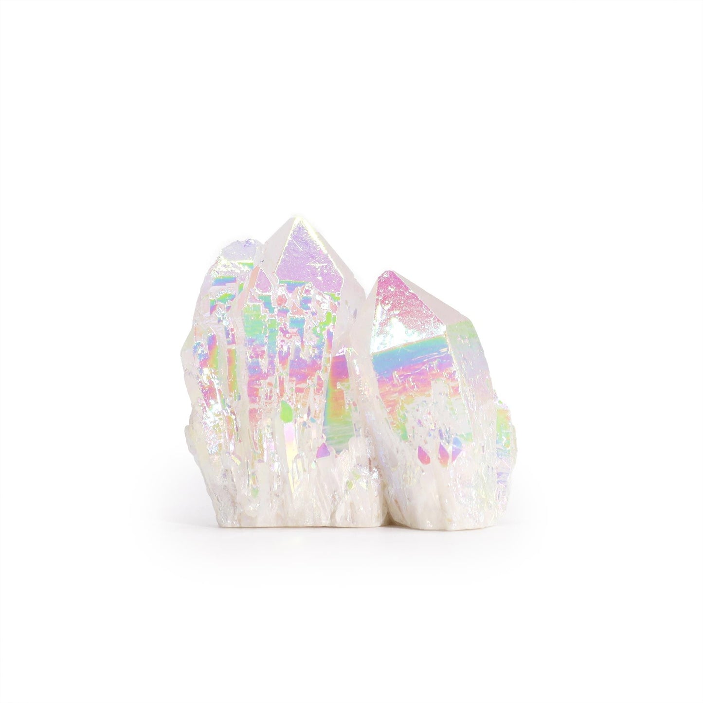 Natural Quartz Aura – 100-150G Geode, 7-10CM iridescent quartz crystal cluster with shimmering aura finish, studio shot on white