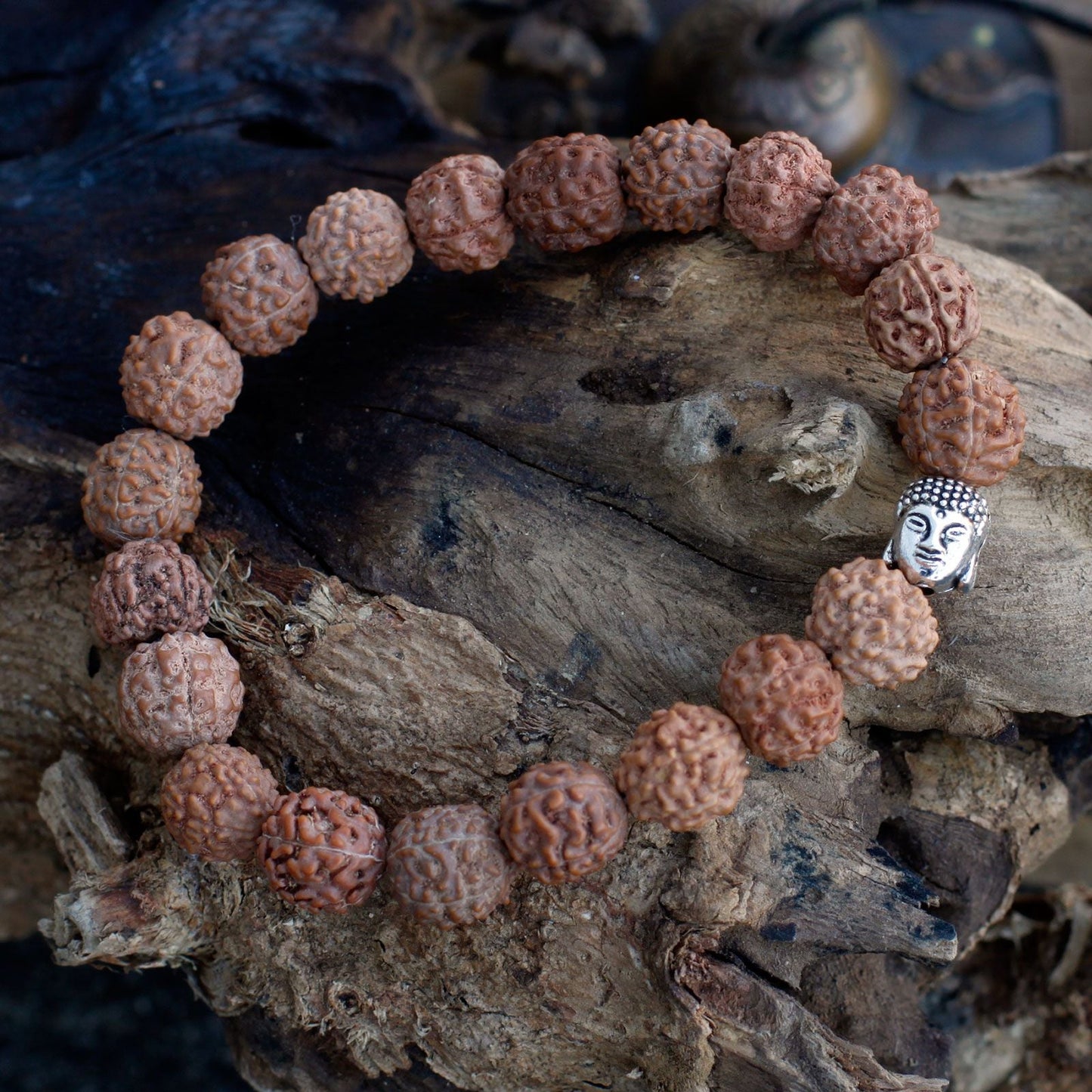Alt Tag: Naturligt Rudraksha Buddha Bangle Mala – 7x2 CM, mala-armband med träpärlor av rudraksha och detalj med Buddha-huvud på trä