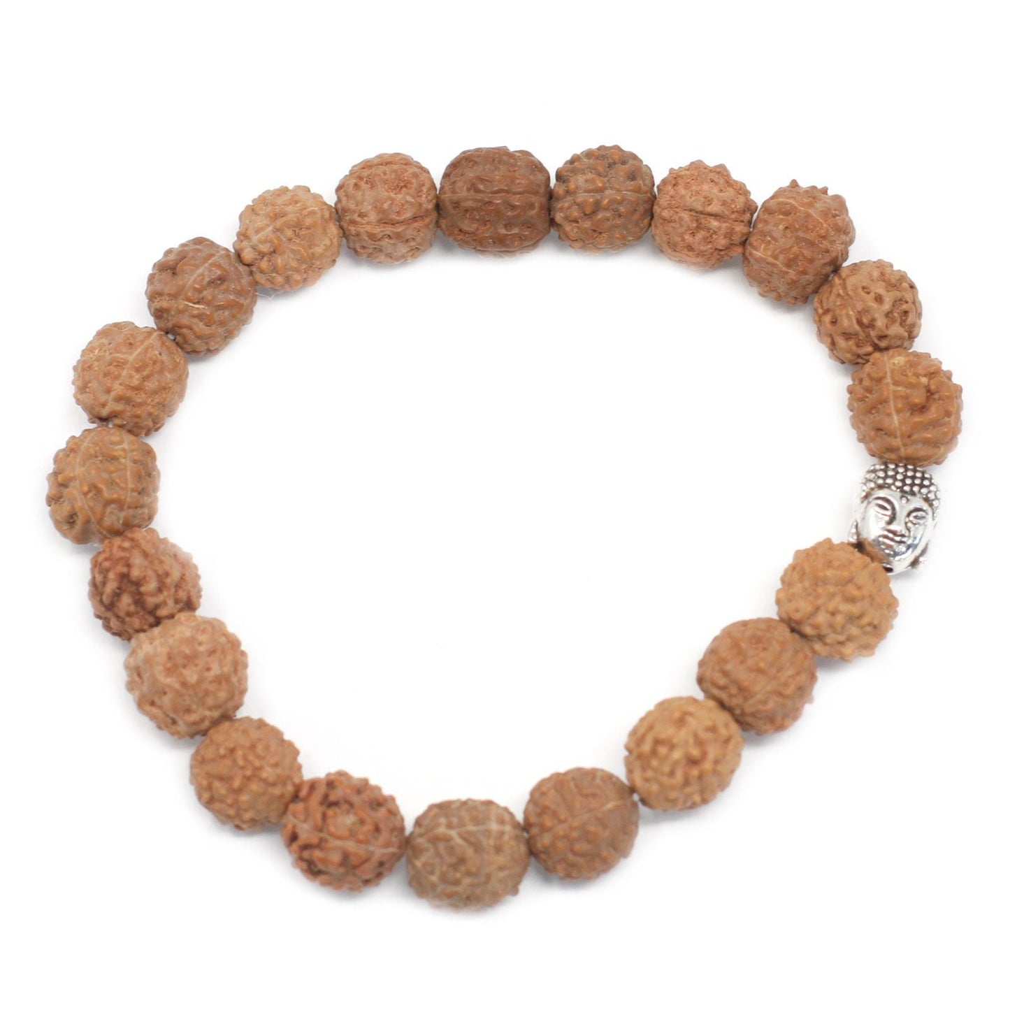 Alt Tag: Naturligt Rudraksha Buddha Bangle Mala – armband 7x2 CM med naturliga rudraksha-pärlor och silverfärgad Buddha-berlock, minimalistiska spirituella smycken