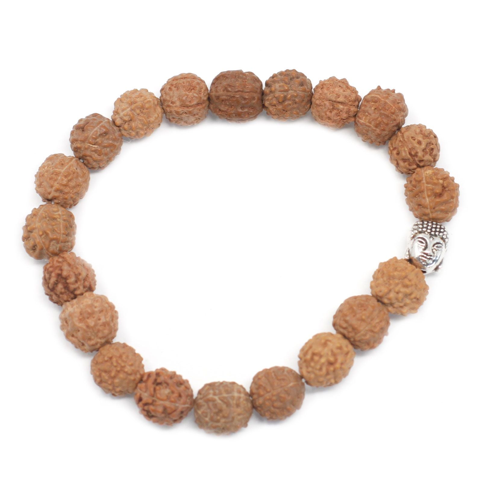 Alt Tag: Naturligt Rudraksha Buddha Bangle Mala – armband 7x2 CM med naturliga rudraksha-pärlor och silverfärgad Buddha-berlock, minimalistiska spirituella smycken