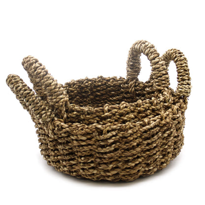 Alt Tag: Natural Seagrass Square Baskets – Set of 2, woven square seagrass storage basket with handles, handmade in Indonesia