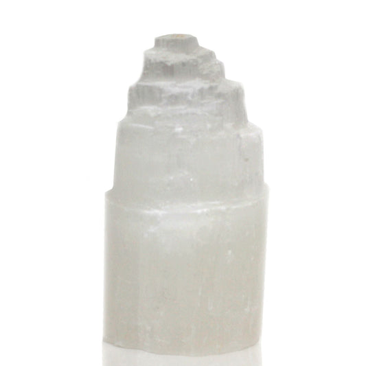 Naturlig selenit-tornlampa – 15 CM, handskuren vit selenitkristallampa i tornform, mjukt sken