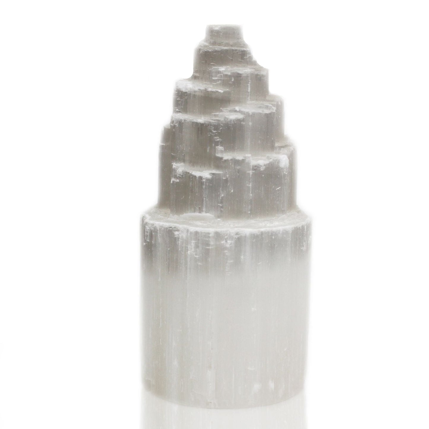 Natural Selenite Tower Lamp – 20 CM hand-carved selenite crystal tower lamp, white translucent stone with layered top