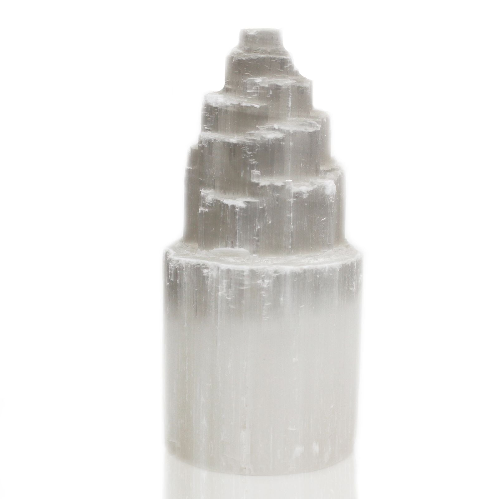 Natural Selenite Tower Lamp – 20 CM hand-carved selenite crystal tower lamp, white translucent stone with layered top