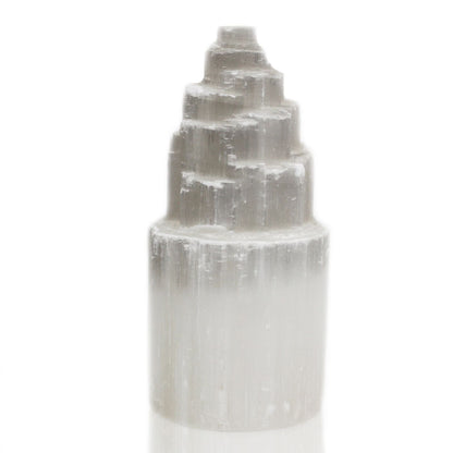 Natural Selenite Tower Lamp – 20 CM hand-carved selenite crystal tower lamp, white translucent stone with layered top