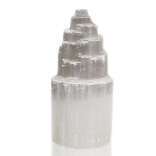 Naturlig selenit-tornlampa – 20 CM handskuren tornlampa i selenitkristall, vit genomskinlig sten med skiktad topp