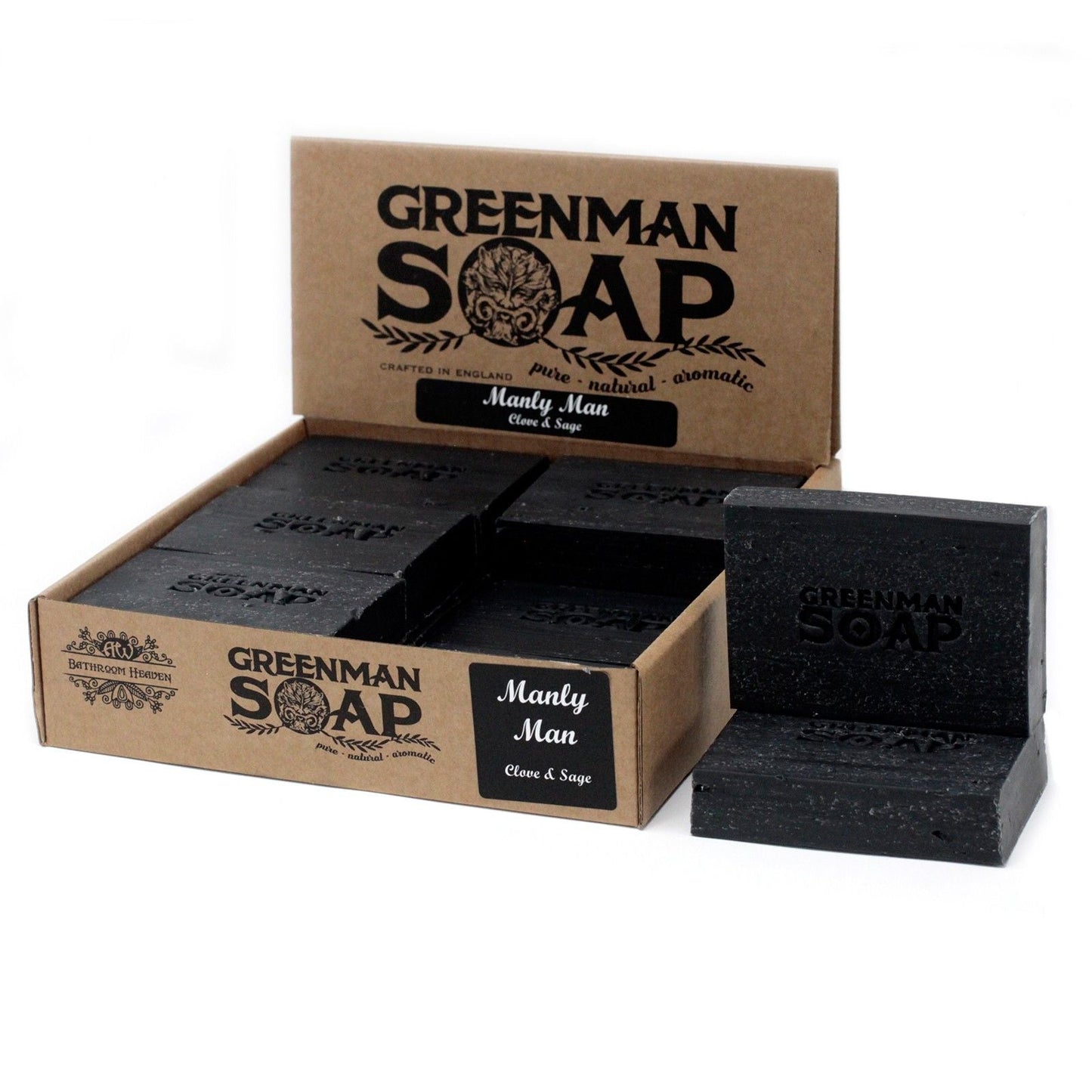 Natural Spicy Scent Greenman Soap – 100G, charcoal bar soap in display box with clove and sage scent