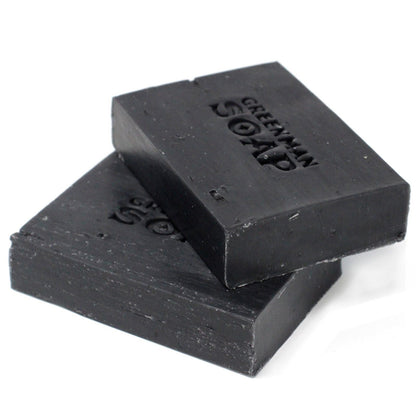 Alt Tag: Natural Spicy Scent Greenman Soap – 100G black handcrafted soap bar with Greenman logo, clove sage scent, activated charcoal