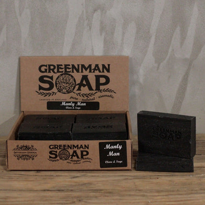 Alt Tag: Natural Spicy Scent Greenman Soap – 100G artisanal bar with clove & sage, activated charcoal, displayed in box
