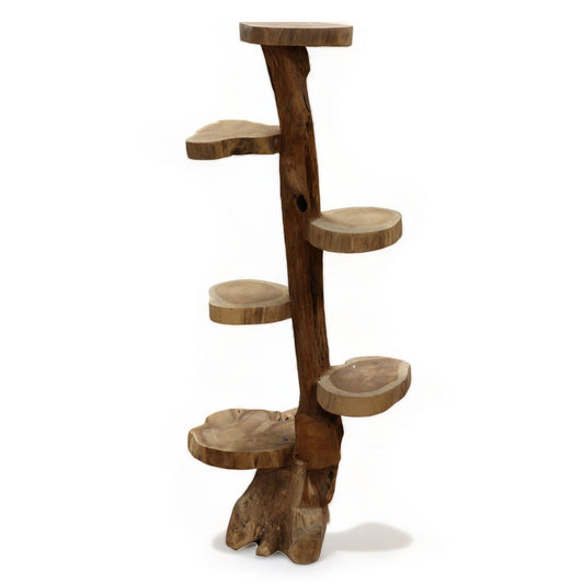 Natural Teak 6-Shelf Display – 120 CM High solid teakwood vertical display stand with six round shelves and natural wood grain