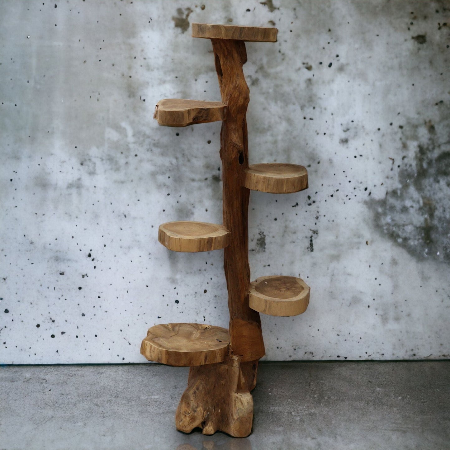 Natural Teak 6-Shelf Display – 120 CM High solid teakwood vertical display stand with six round shelves