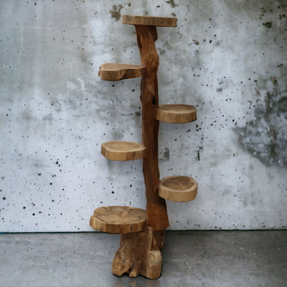 Natural Teak 6-Shelf Display – 120 CM High solid teakwood vertical display stand with six round shelves