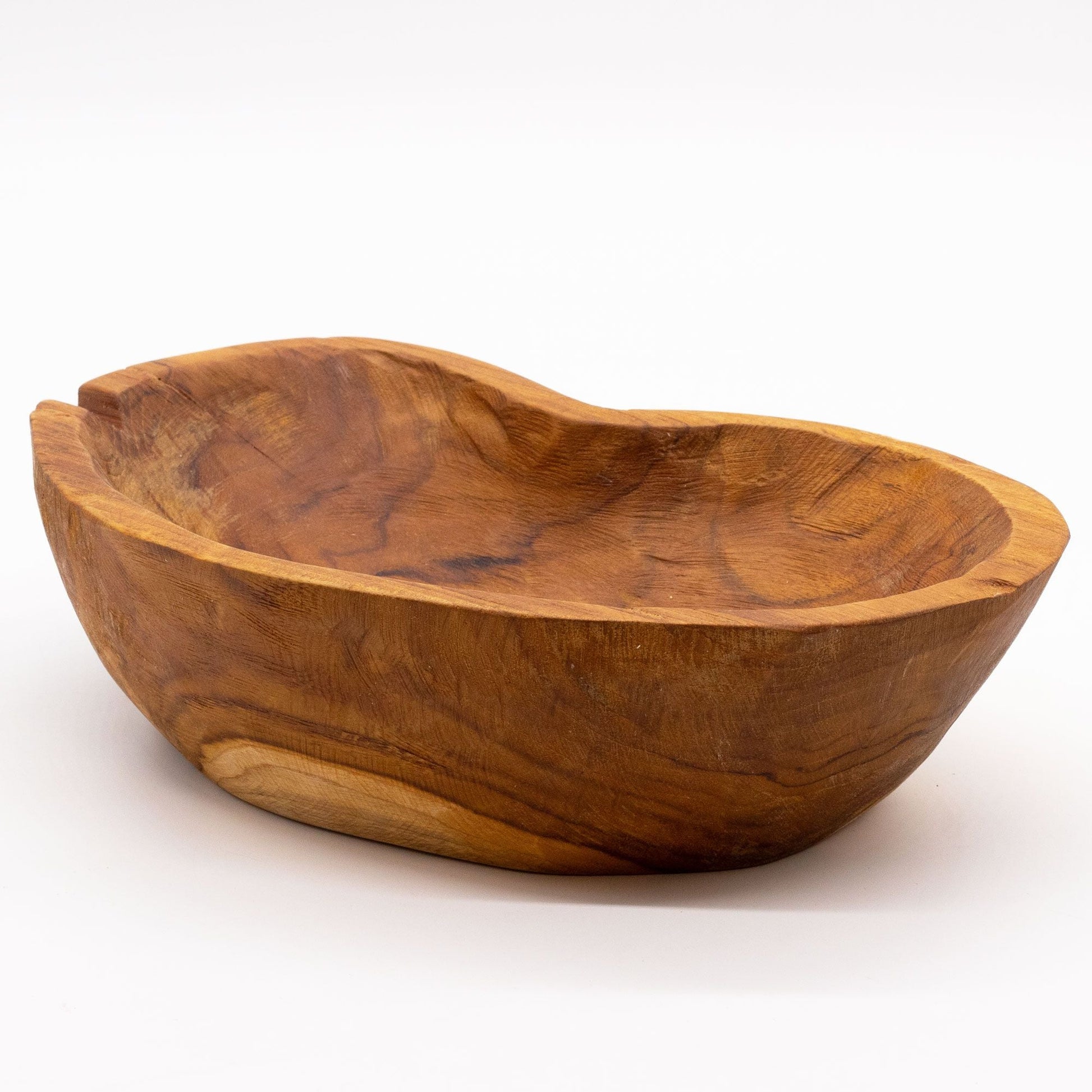 Alt Tag: Natural Teak Wood Fruit Bowl – 31x22x8CM handcrafted rustic teak wood serving bowl with natural grain, oval shape on white background