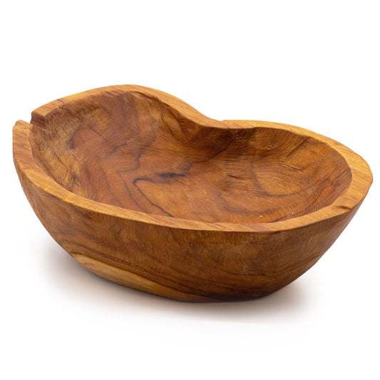 Alt Tag: Naturlig fruktskål i teakträ – 31x22x8CM, handgjord rustik teakträskål med naturlig rå form, blickfång i köket