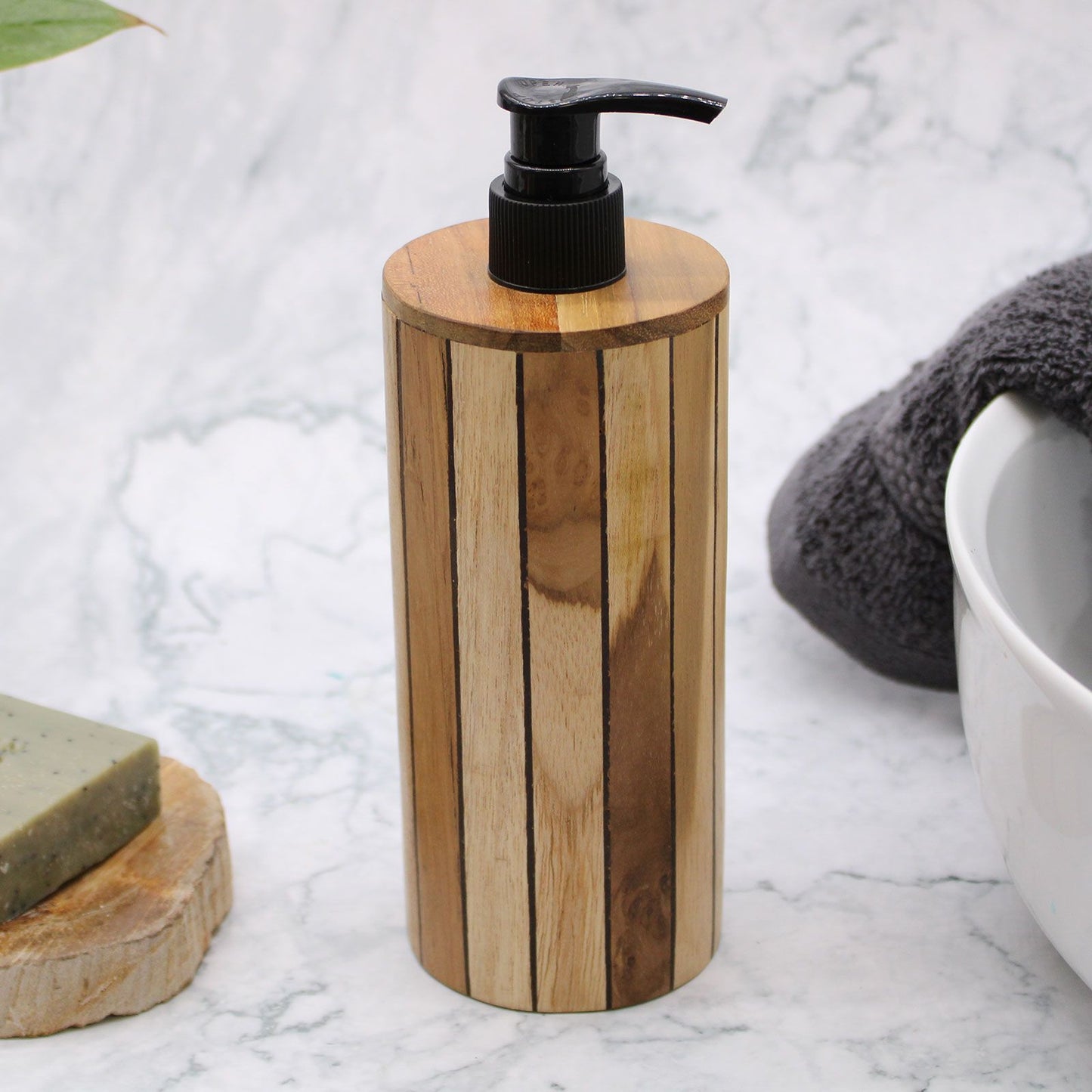 Alt Tag: Natural Teakwood Soap Dispenser – Round 20x8x9 CM, round teakwood and plastic pump dispenser on marble bathroom countertop