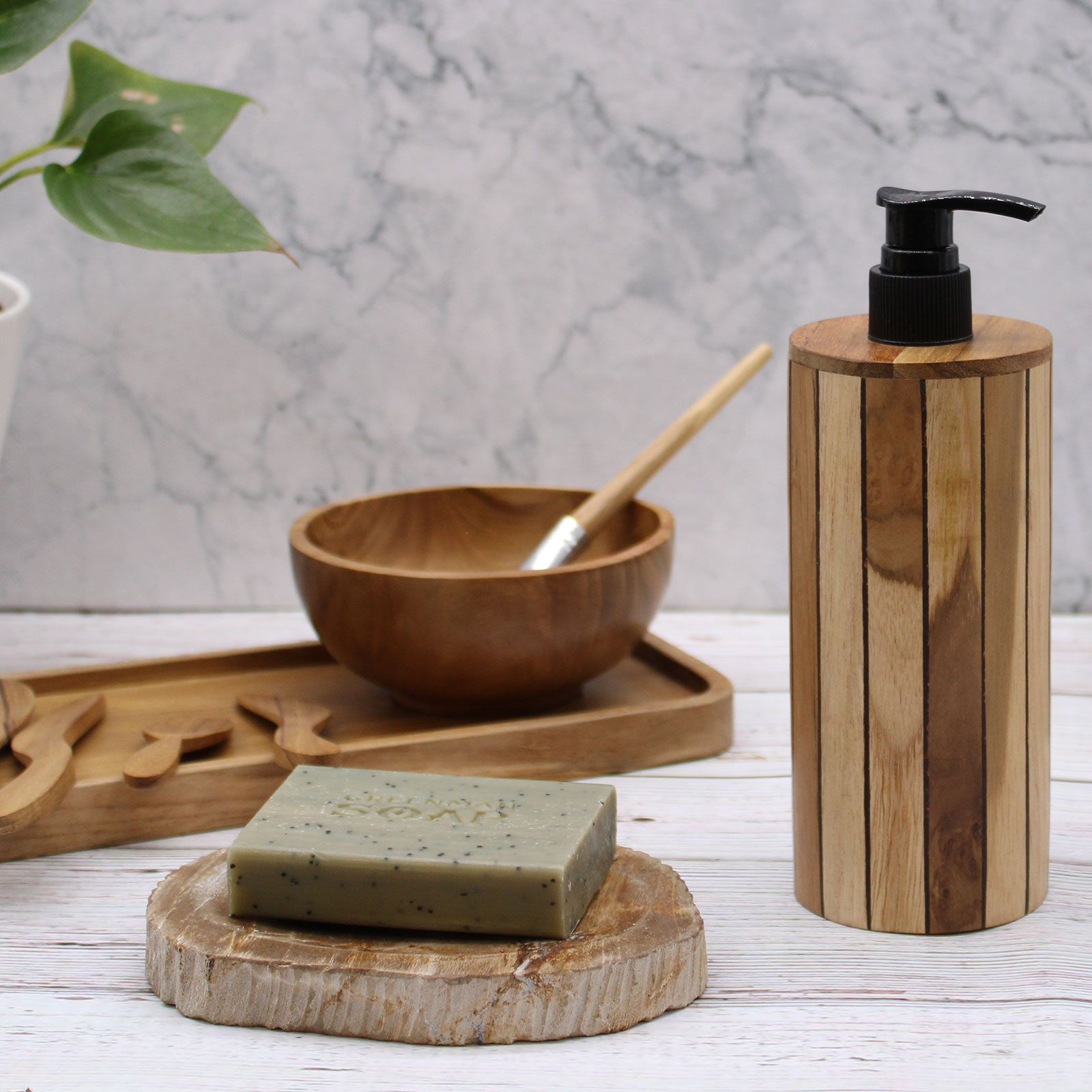 Natural Teakwood Soap Dispenser – Round 20x8x9 CM on bathroom sink counter with soap bar, wood tray and bowl