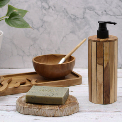 Natural Teakwood Soap Dispenser – Round 20x8x9 CM on bathroom sink counter with soap bar, wood tray and bowl