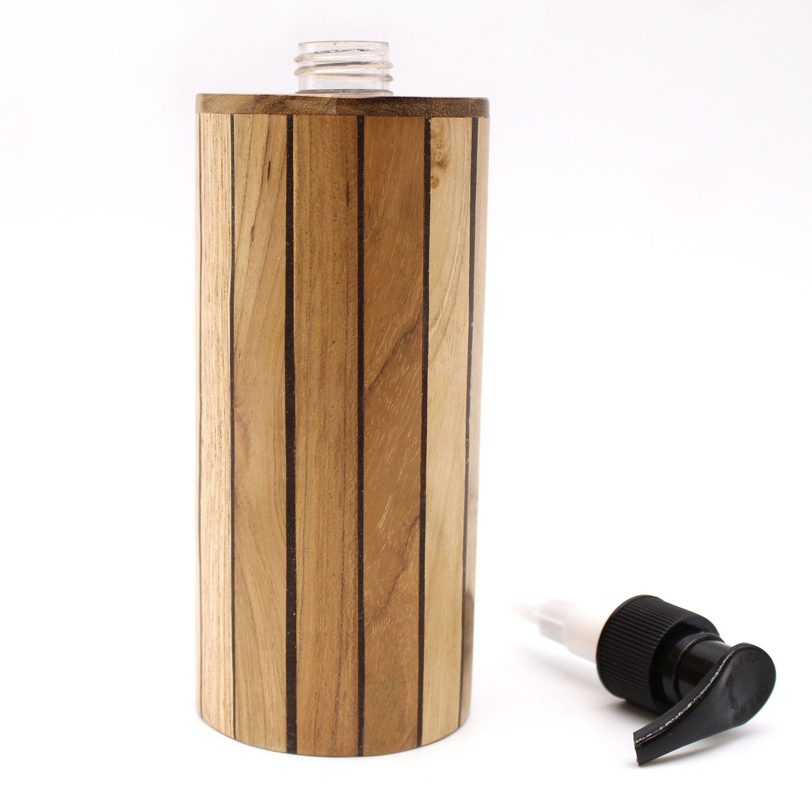 Alt Tag: Natural Teakwood Soap Dispenser – Round 20x8x9 CM, round teakwood-look dispenser bottle with black pump on white background