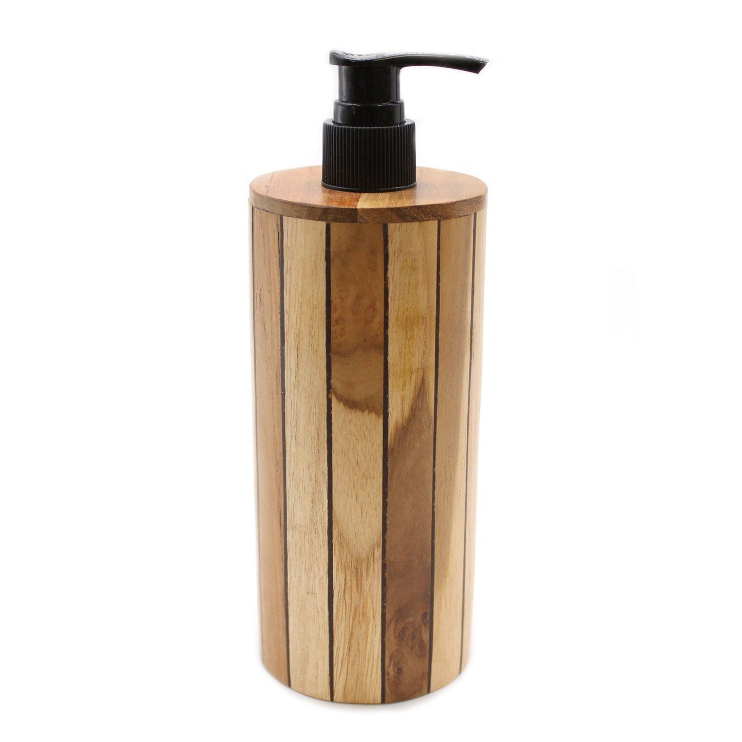 Alt Tag: Natural Teakwood Soap Dispenser – Round 20x8x9 CM, dispensador de jabón redondo de teca con bomba negra para cocina o baño