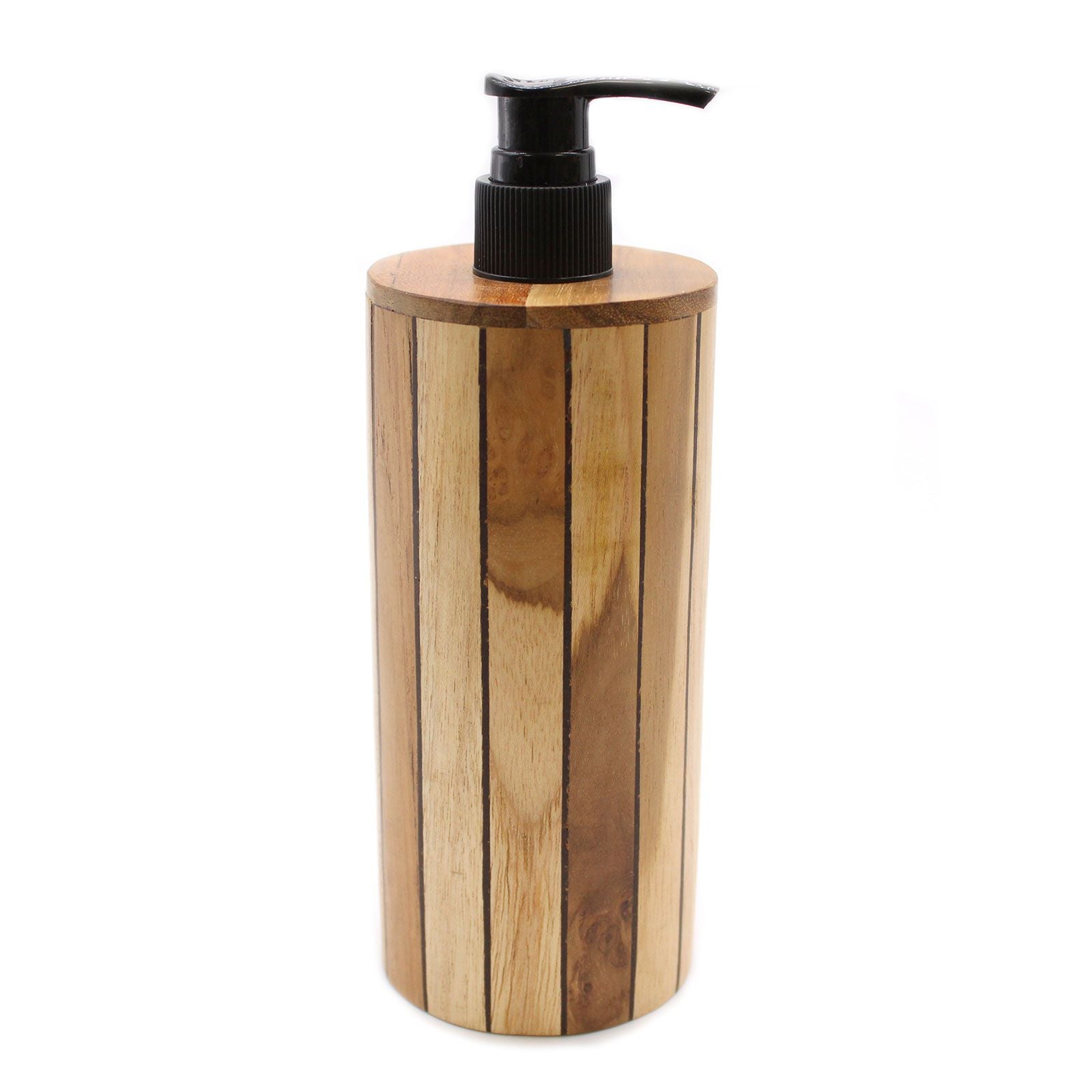 Alt Tag: Natural Teakwood Soap Dispenser – Round 20x8x9 CM, dispensador de jabón redondo de teca con bomba negra para cocina o baño