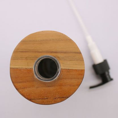 Alt Tag: Natural Teakwood Soap Dispenser – Round 20x8x9 CM vista superior, dispensador redondo de madera de teca con bomba