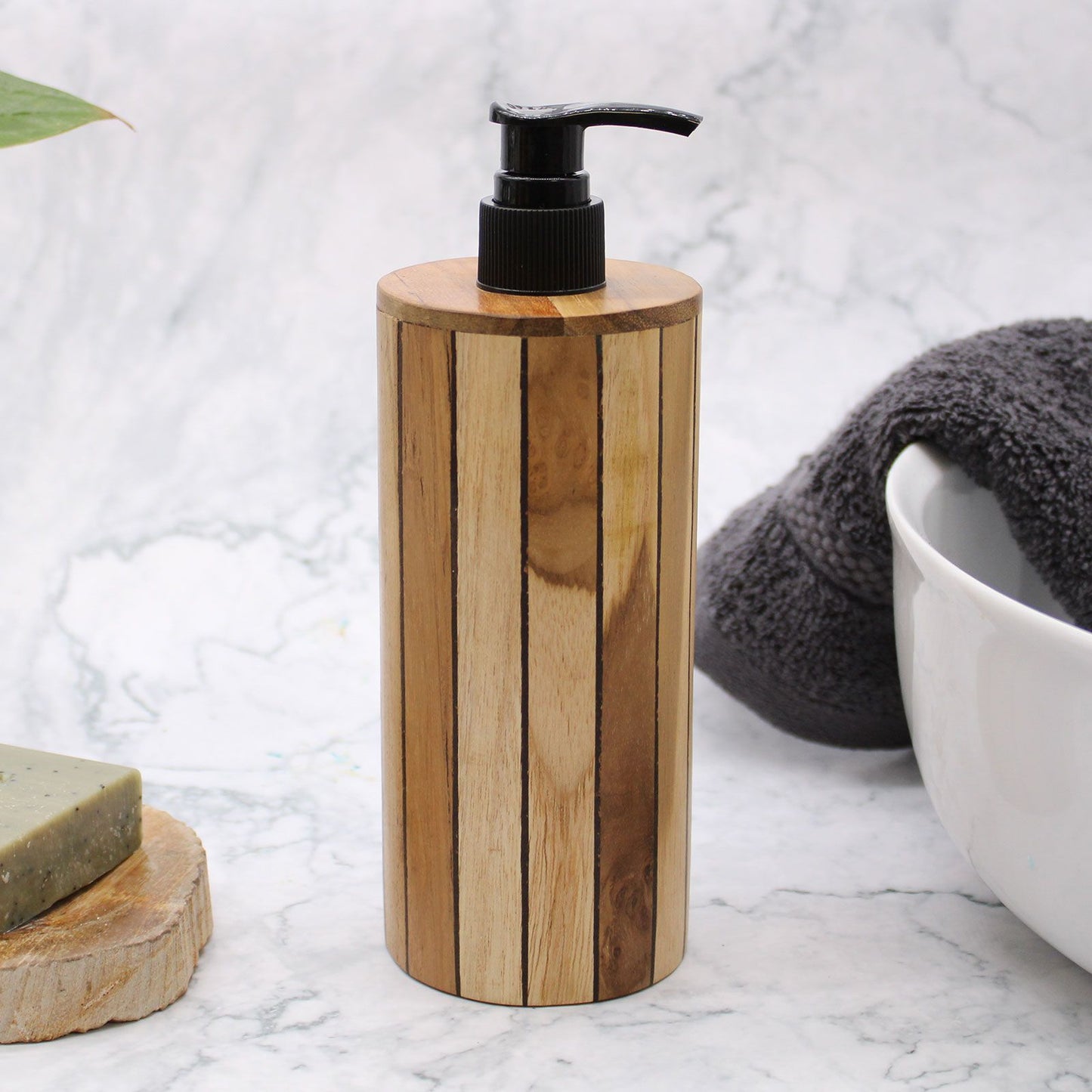 Natural Teakwood Soap Dispenser – Round 20x8x9 CM teak wood and plastic pump dispenser on bathroom sink with towel