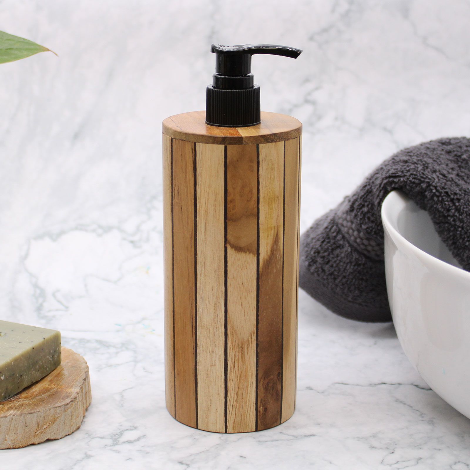 Natural Teakwood Soap Dispenser – Round 20x8x9 CM teak wood and plastic pump dispenser on bathroom sink with towel